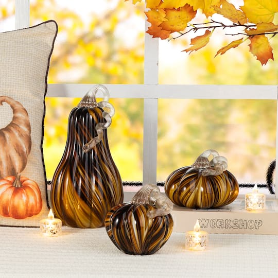 Glitzhome® 5.75" Multi Brown Striped Glass Pumpkin Fall Table Decor